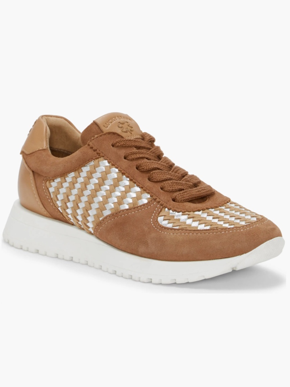 Lucky Brand Deva Woven Suede Sneaker Tan Metallic Silver Size 7M NWOB